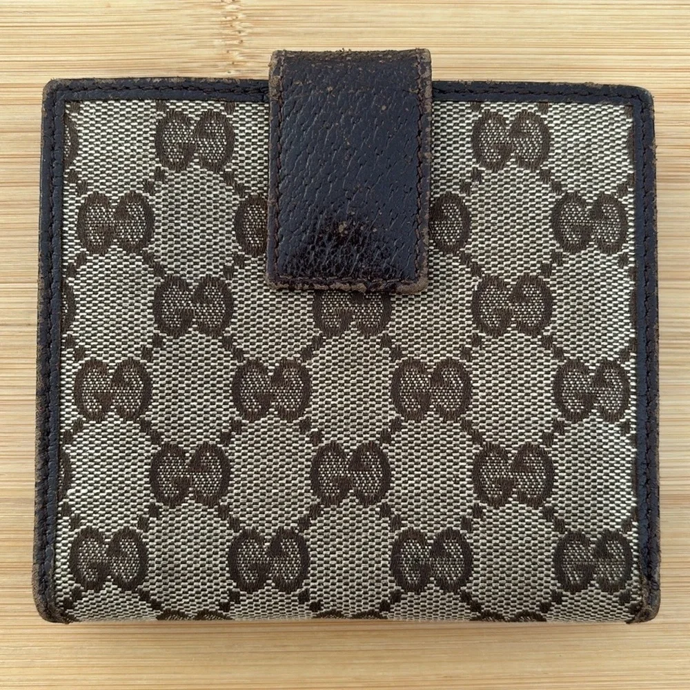 Gucci Vintage Sherry Bifold Wallet Brown Leather GG Logo Canvas Italy Unisex - Picture 3 of 16